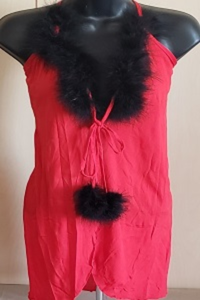 RED FRONT SPLIT MARABOU DRESS WITH BOW TIES.SS